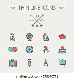Education thin line icon icon set for web and mobile. Set includes-apple, books, binders, football ball, mask, global icons. Modern minimalistic flat design. Vector icon with dark grey outline and Education thin line icon icon set for web and mobile. Set includes-apple, books, binders, football ball, mask, global icons. Modern minimalistic flat design. Vector icon with dark grey outline and