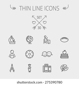 Education thin line icon set for web and mobile. Set includes-apple, books, binders, football ball, mask, global icons. Modern minimalistic flat design. Vector dark grey icon on light grey background.