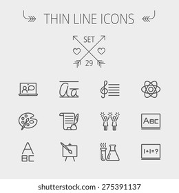 Education thin line icon set for web and mobile. Set includes- palette and paint brush, alphabet, notepad, chart, cheerleaders, medical, supplies icons. Modern minimalistic flat design. Vector dark