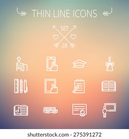 Education thin line icon set for web and mobile. Set includes- graduation cap, notepad with pen, certificate, bell, book, music book,teacher, blackboard, school supplies icons. Modern minimalistic