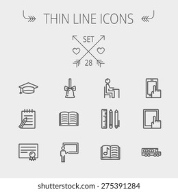 Education thin line icon set for web and mobile. Set includes- graduation cap, notepad with pen, certificate, bell, book, music book,teacher, blackboard, school supplies icons. Modern minimalistic