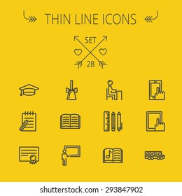 Education thin line icon set for web and mobile. Set includes- graduation cap, bell, notepad, bus, certificate, tablet, blackboard, books, workplace icons. Modern minimalistic flat design. Vector dark
