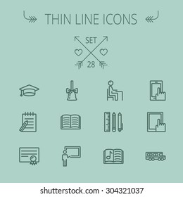 Education thin line icon set for web and mobile. Set includes- graduation cap, bell, notepad, bus, certificate, tablet, blackboard, books, workplace icons. Modern minimalistic flat design. Vector dark