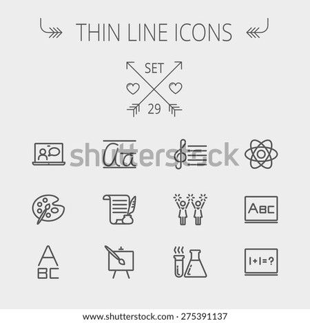 Education thin line icon set for web and mobile. Set includes- palette and paint brush, alphabet, notepad, chart, cheerleaders, medical, supplies icons. Modern minimalistic flat design. Vector dark