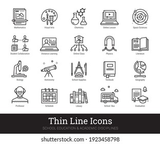 Education Thin Line Icon Vector Set. Modern Clipart Collection For Web Service, Mobile Application. Online Lecture, Video Tutorial, Academic Disciplines, Distance Learning Pictograms. Editable Strokes