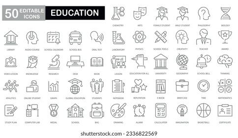 Education thin line icons collection. Editable stroke. Vector illustration. Containing knowledge, college, task list, design, training, idea,set of  icons Learning icons for web and mobile