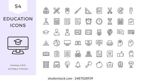 Education thin line icons, editable stroke, based on 64px grid, vector eps10 illustration