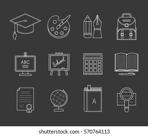 Education thin line icons on dark gray background. 12 school and college icons.