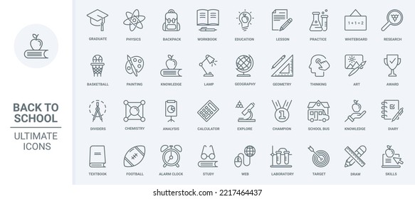 Education thin line icons set vector illustration. Abstract outline pictogram collection to study science in school and university, physics and chemistry lessons, champion award for students and books