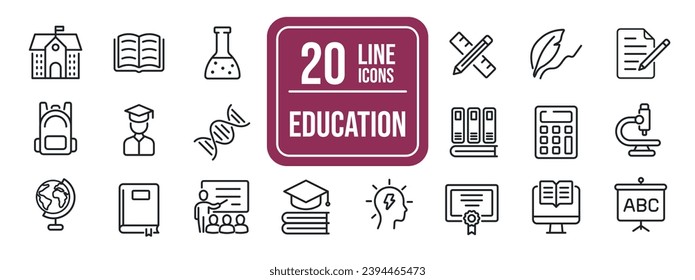 Iconos de línea delgada de educación. Para diseño de marketing de sitios web, logotipo, aplicación, plantilla, ui, etc. Ilustración vectorial.