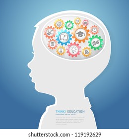 Education Thinking Concept. Children Think with Education icons in Gears. Vector Illustration