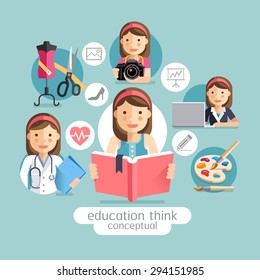 Education thinking conceptual. Girl holding books. Vector illustrations.