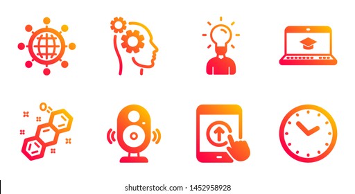Education, Thoughts and Website education line icons set. International globe, Speaker and Swipe up signs. Chemical formula, Time symbols. Human idea, Business work. Science set. Vector