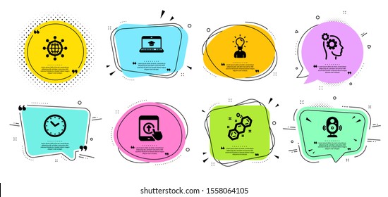 Education, Thoughts and Website education line icons set. Chat bubbles with quotes. International globe, Speaker and Swipe up signs. Chemical formula, Time symbols. Human idea, Business work. Vector