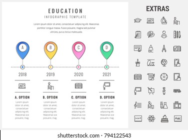 Education timeline infographic template, elements and icons. Infograph includes options with years, line icon set with education certificate, university student, library book, college diploma etc.