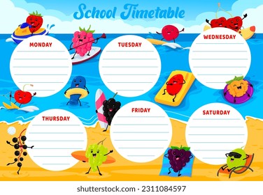 Horario educativo. Personajes de berry de caricatura en la playa de verano. Clases escolares horarios de vectores de semana con fresa, frambuesa, cerezo y cerezo, cerezo de miel, personajes de cadera en esquí acuático, surf