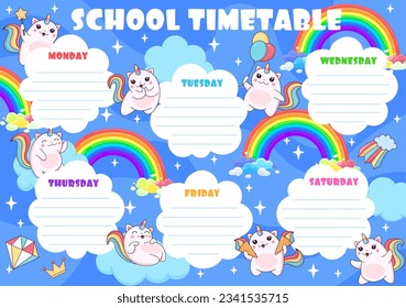 Bildungsplan. Cartoon Caticorn Katze und Kätzchen Figuren auf Himmelswolken. Schule Vektor Lektion Planer Vorlage mit süßen kawaii feline Einhorn auf Regenbogen. Rahmen für die Organisation von Kid-Time-Tabellen