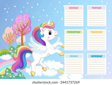 Education timetable schedule. Cartoon happy unicorn on a cloud. School vector lesson planner template with cute unicorn. Kid time table organizer frame. Vector illustration. Editable element