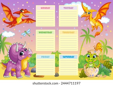 Education timetable schedule. Cartoon happy dinosaurs on a jungle. School vector lesson planner template. Kid time table organizer frame. Vector colorful illustration. Editable element. Ready to print