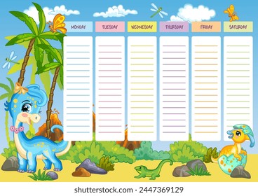 Education timetable schedule. Cartoon happy Diplodocus dinosaur on a jungle. School vector lesson planner template. Kid time table organizer frame. Vector illustration. Editable element.Ready to print