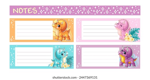 Education timetable schedule. Cartoon happy triceratops dinosaurs. School vector lesson planner template. Kid time table organizer frame. Vector colorful illustration. Editable element. Ready to print