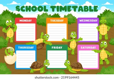 Education timetable schedule with cartoon turtles, cheerful tortoise animal characters. Educational vector school timetable template with funny reptile personages. Kids lessons weekly planner frame