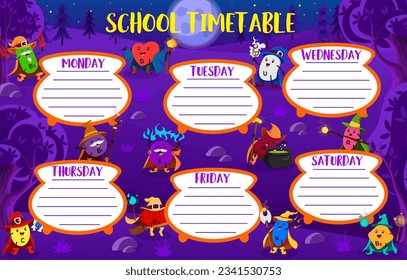 Calendario educativo. Viñetas de vitaminas y hechiceros en el bosque nocturno de Halloween. Planilla semanal de planificación vectorial escolar con B5, D, U, B1, E, P y A. Cápsulas de C, B12, K, B1 micronutrientes