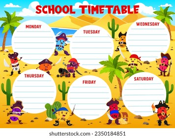 Education timetable schedule cartoon vitamins and micronutrients pirate characters. School vector lesson planner template with P, Se, Ca or Zn. Na, Mn, I and K, Mg, Fe, or Cu. Kid time table organizer