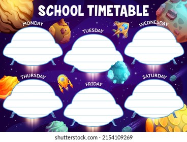 Education timetable schedule with ufo, spacecraft and starship in galaxy space. Vector school lessons organizer with cartoon planets, starships, rockets and alien engines. Kids timetable planner