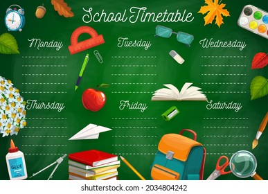 Education timetable with school stationery, schoolbag, textbooks and autumn leaves. Vector class schedule template with cartoon learning items. Kids time table for lessons, weekly planner for student