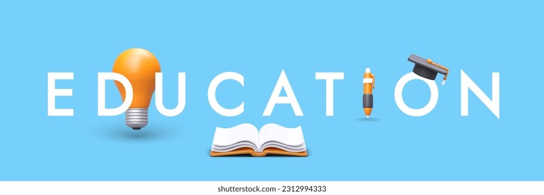 Education title poster. Vector horizontal banner with large lettering in capital letters. Illustration with 3D elements. Template for educational resources, applications, sites