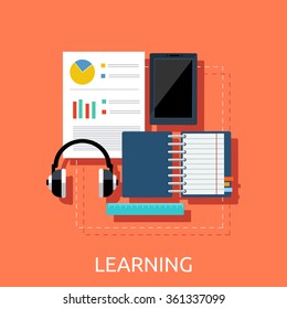 Education tools concept on background. Back to school. Distance learning. Study in university. Tools for learn. Learning icons. Vector concept for online education. Online training courses