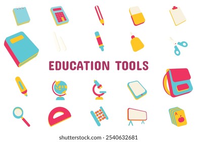 Education Tools Flat  Vector Illustration Icon Sticker Set Design Materials