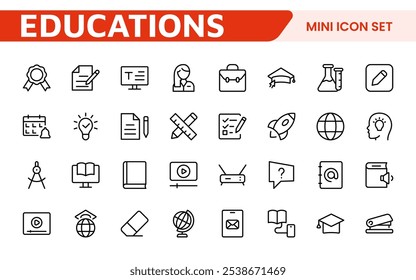 Education Tools Icon Set. Engaging and versatile icons for learning apps, classrooms, and online courses, perfect for enhancing educational resources and making learning fun and accessible.