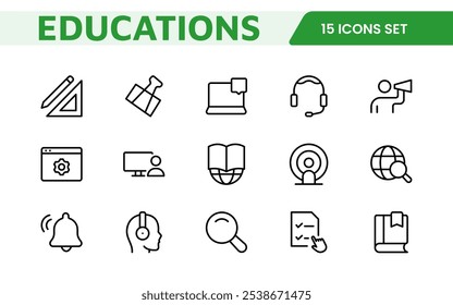 Conjunto de iconos de herramientas de Educación. Iconos atractivos y versátiles para aprender App, aulas y cursos en línea, perfectos para mejorar los recursos educativos y hacer que el aprendizaje sea divertido y accesible.
