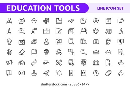 Education Tools Icon Set. Engaging and versatile icons for learning apps, classrooms, and online courses, perfect for enhancing educational resources and making learning fun and accessible.