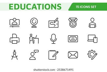 Education Tools Icon Set. Engaging and versatile icons for learning apps, classrooms, and online courses, perfect for enhancing educational resources and making learning fun and accessible.