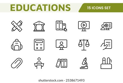 Conjunto de Ícones de Ferramentas de Educação. Ícones envolventes e versáteis para aplicativos de aprendizagem, salas de aula e cursos on-line, perfeitos para aprimorar os recursos educacionais e tornar o aprendizado divertido e acessível.