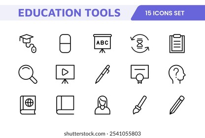 Education Tools Icon Set. Engaging and versatile icons for learning apps, classrooms, and online courses, perfect for enhancing educational resources and making learning fun and accessible.