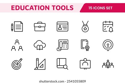 Education Tools Icon Set. Engaging and versatile icons for learning apps, classrooms, and online courses, perfect for enhancing educational resources and making learning fun and accessible.