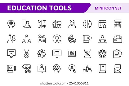Conjunto de iconos de herramientas de Educación. Iconos atractivos y versátiles para aprender App, aulas y cursos en línea, perfectos para mejorar los recursos educativos y hacer que el aprendizaje sea divertido y accesible.