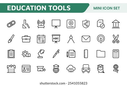 Education Tools Icon Set. Engaging and versatile icons for learning apps, classrooms, and online courses, perfect for enhancing educational resources and making learning fun and accessible.
