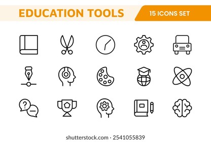 Conjunto de Ícones de Ferramentas de Educação. Ícones envolventes e versáteis para aplicativos de aprendizagem, salas de aula e cursos on-line, perfeitos para aprimorar os recursos educacionais e tornar o aprendizado divertido e acessível.