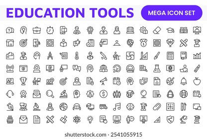 Education Tools Icon Set. Engaging and versatile icons for learning apps, classrooms, and online courses, perfect for enhancing educational resources and making learning fun and accessible.