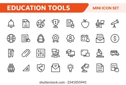 Education Tools Icon Set. Engaging and versatile icons for learning apps, classrooms, and online courses, perfect for enhancing educational resources and making learning fun and accessible.