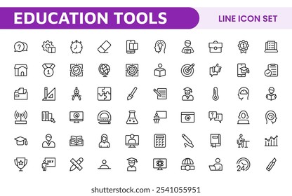 Education Tools Icon Set. Engaging and versatile icons for learning apps, classrooms, and online courses, perfect for enhancing educational resources and making learning fun and accessible.