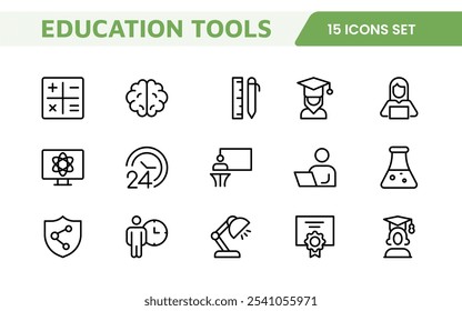 Education Tools Icon Set. Engaging and versatile icons for learning apps, classrooms, and online courses, perfect for enhancing educational resources and making learning fun and accessible.
