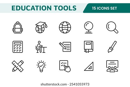 Education Tools Icon Set. Engaging and versatile icons for learning apps, classrooms, and online courses, perfect for enhancing educational resources and making learning fun and accessible.