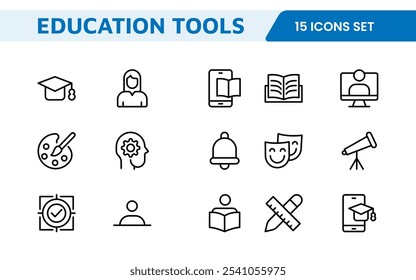 Education Tools Icon Set. Engaging and versatile icons for learning apps, classrooms, and online courses, perfect for enhancing educational resources and making learning fun and accessible.