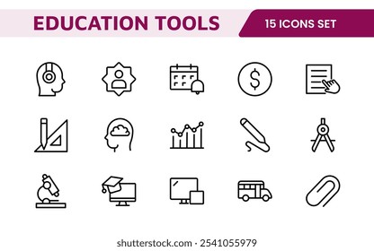 Conjunto de iconos de herramientas de Educación. Iconos atractivos y versátiles para aprender App, aulas y cursos en línea, perfectos para mejorar los recursos educativos y hacer que el aprendizaje sea divertido y accesible.